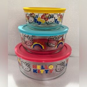 Pyrex® 3 piece Glass Storage Set: Hello Kitty®, Ribbons & Bows - NOS